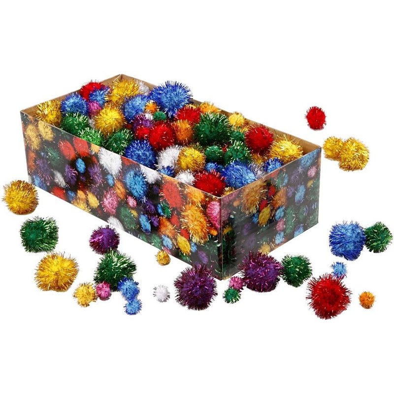 POM POM COFKI bleščeči 15-40 mm v škatli, set cca 400 kos 10658